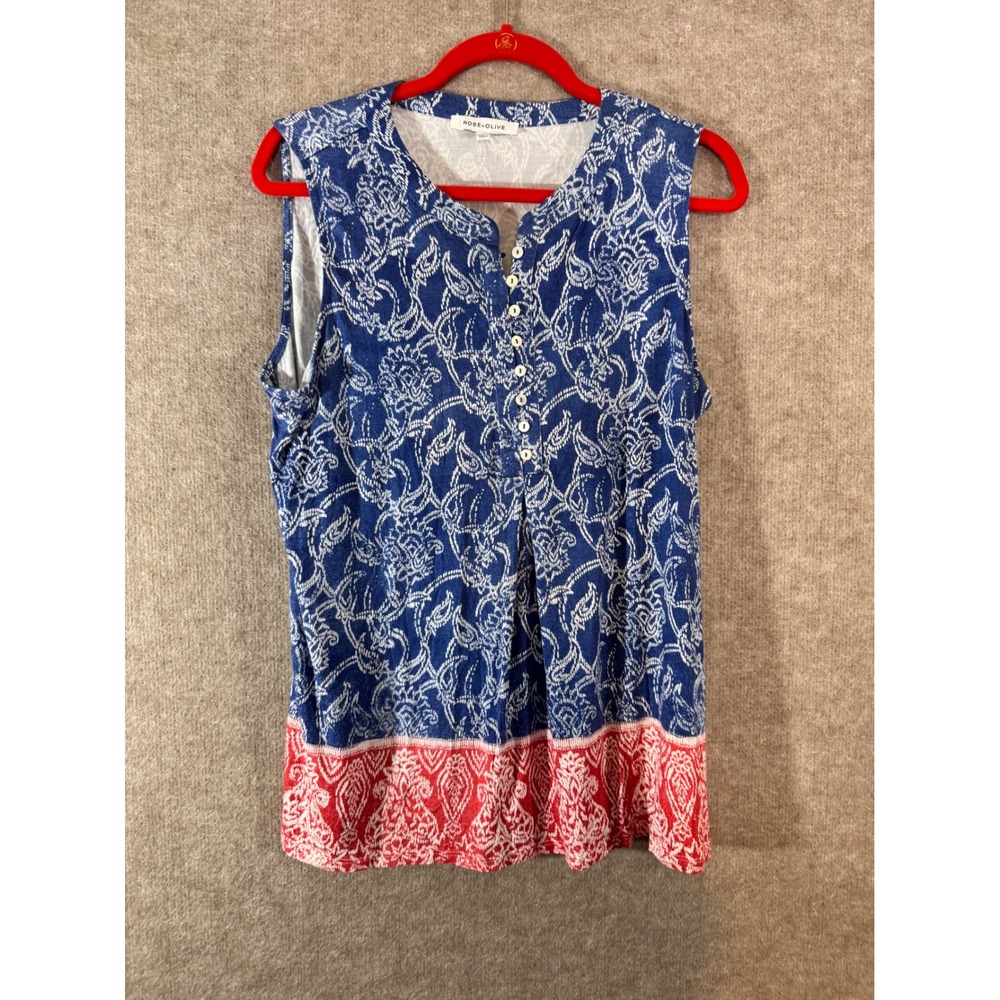 Rose+Olive Sleeveless Henley Top XL Blue Red Paisley Floral Boho Casual